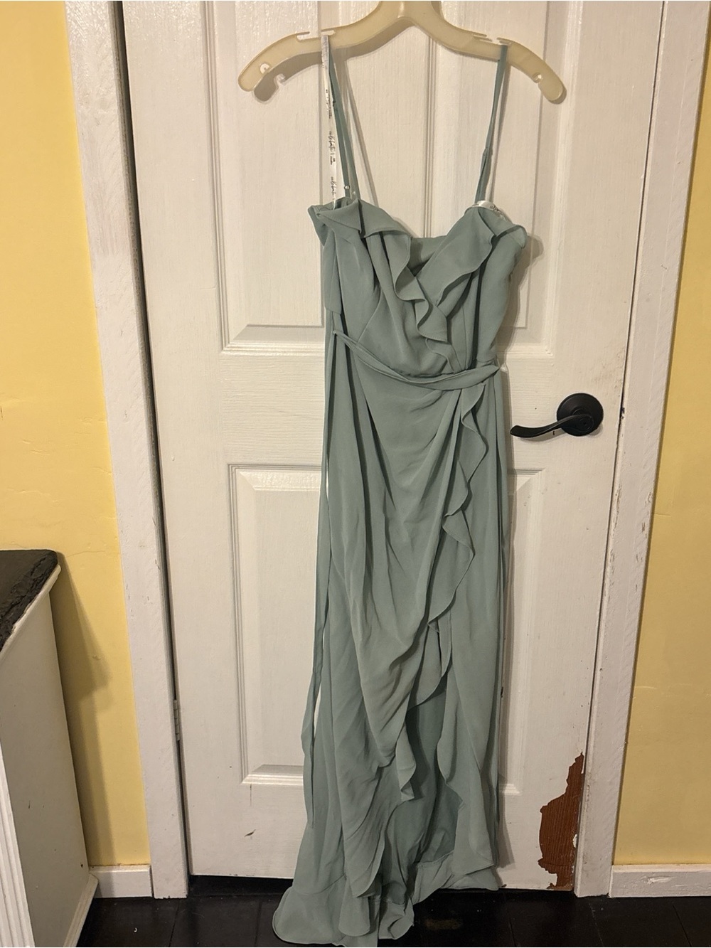 David's Bridal Sage Green Ruffle-Trim Spaghetti Strap Maxi Dress